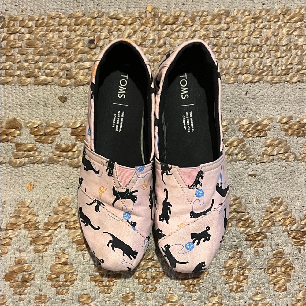TOMS Pink and Black Cat Print Flats